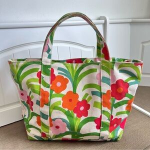 Annie Selke Floral Vibrant Print Summery Beach Cotton Canvas Shoulder Tote Bag